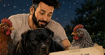 Jay, Bo and the hens under a starlit sky