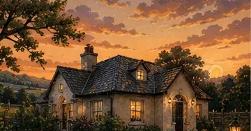 The Lodge House at dusk, its windows lit, surrounded by trees and countryside
