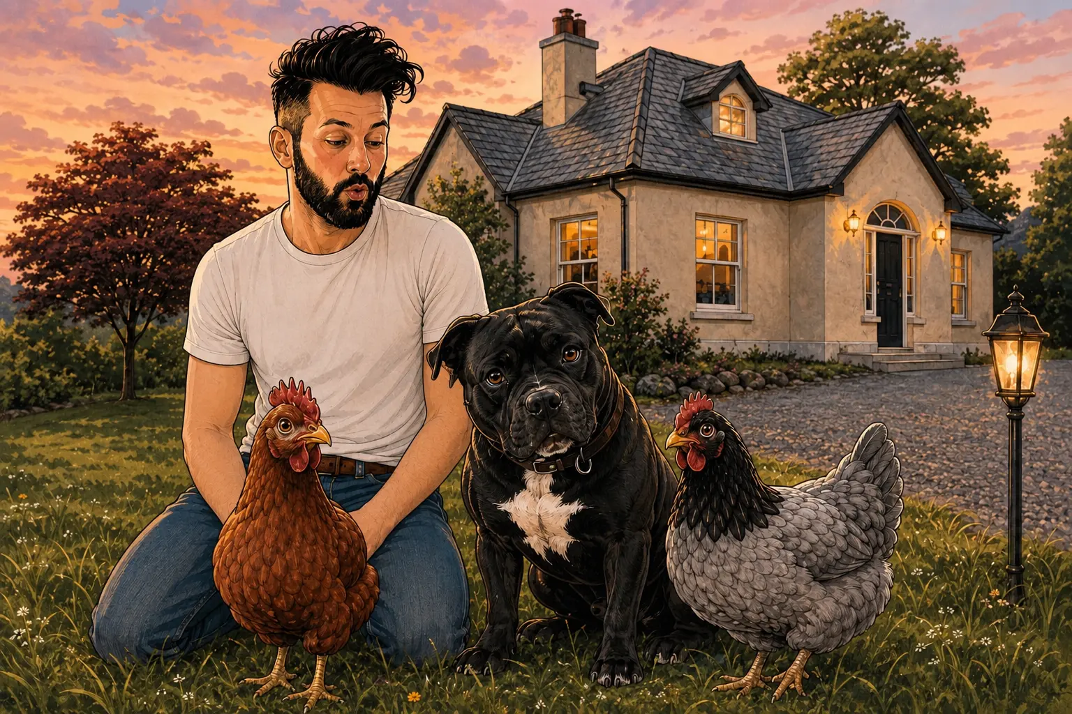 Jay kneeling in the garden with Bo the black Staffordshire bull terrier and the hens Red and Grey, the Lodge House glowing behind them at golden hour