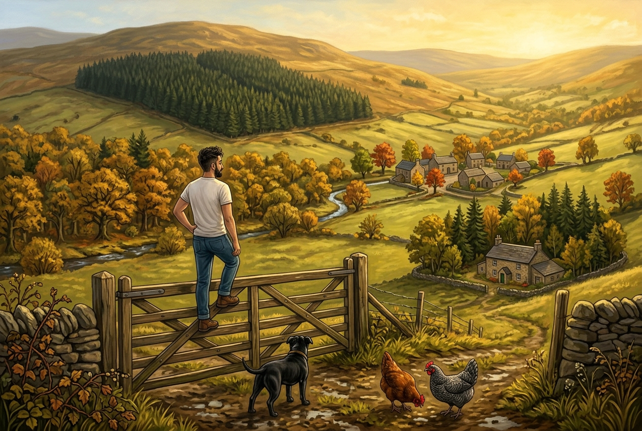 Jay standing on a farm gate looking over an Irish valley with a conifer block, an oak wood, a village and farm shelterbelts, with Bo, Red and Grey beside him
