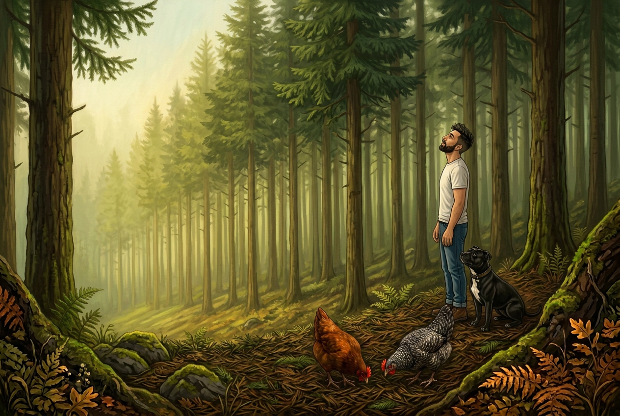 Jay looking up into a tall Sitka spruce plantation on a misty Irish hillside, with Bo, Red and Grey on the needle-covered floor
